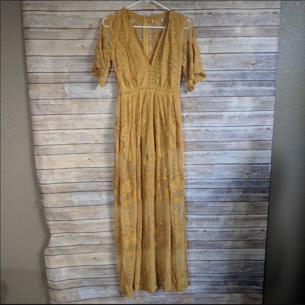 Mustard Yellow Lace Embroidered Maxi Romper